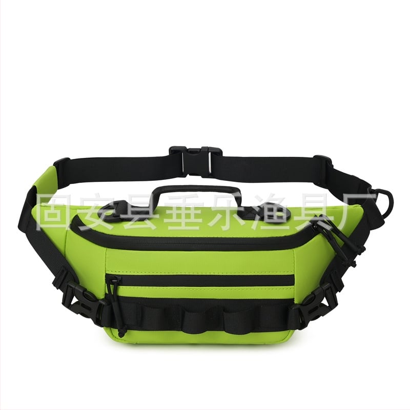 Jostas soma makšķerēšanai, ūdensizturīga, daudzfunkcionāla ar nodalījumiem ēsmām, makšķerēšanas līnijai un ekipējumam — materiāls: neilons