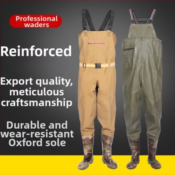 Unisex vandeniui atsparus žvejybos kombinezonos su lietaus kelnėmis ir vandens bateliais — atsparus dilimui, anti‑statinis, atsparus rūgštims ir šarmams, PVC audinys