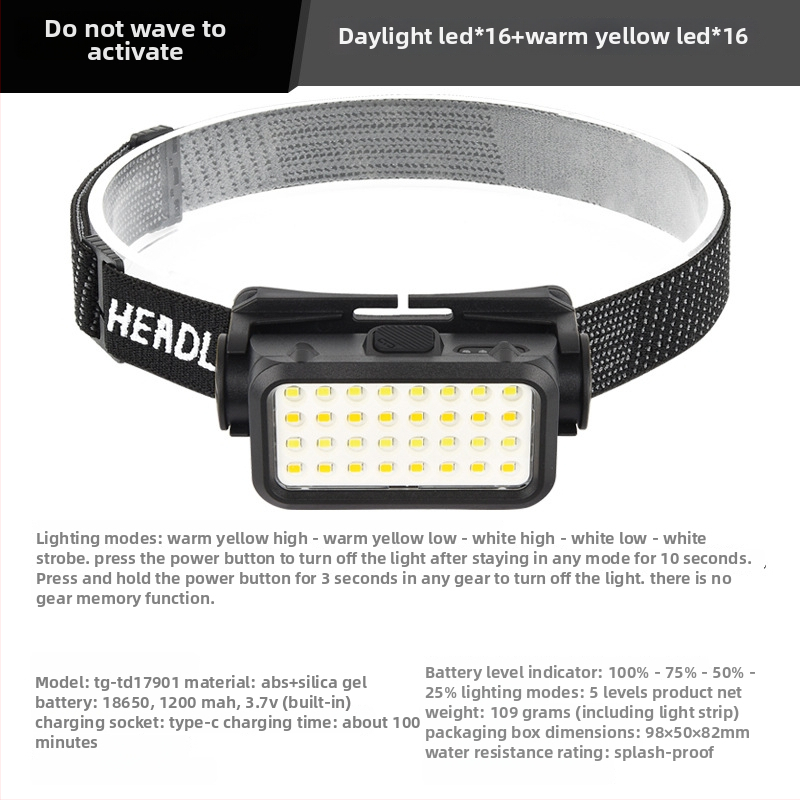 LED galvos žibintas su USB įkrovimu, lauko atsparus vandeniui, 3W, 1200mAh, judesio jutiklis