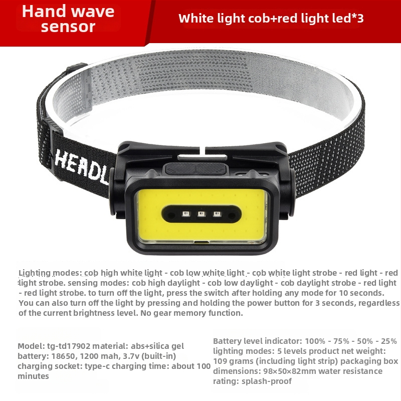 LED galvos žibintas su USB įkrovimu, lauko atsparus vandeniui, 3W, 1200mAh, judesio jutiklis