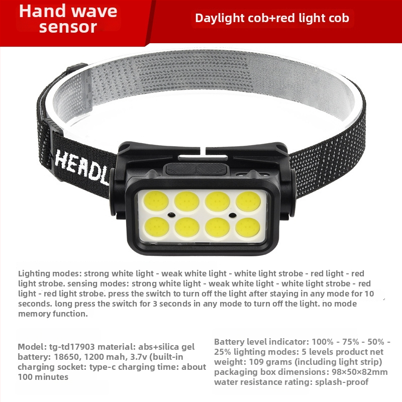 LED galvos žibintas su USB įkrovimu, lauko atsparus vandeniui, 3W, 1200mAh, judesio jutiklis
