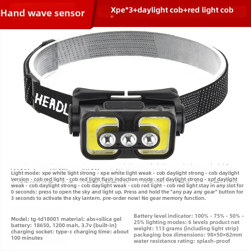 LED galvos žibintas su USB įkrovimu, lauko atsparus vandeniui, 3W, 1200mAh, judesio jutiklis