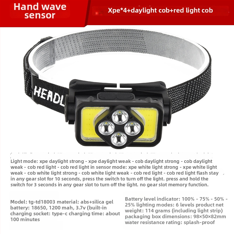 LED galvos žibintas su USB įkrovimu, lauko atsparus vandeniui, 3W, 1200mAh, judesio jutiklis