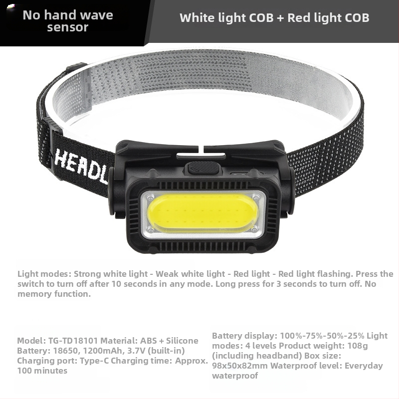 LED galvos žibintas su USB įkrovimu, lauko atsparus vandeniui, 3W, 1200mAh, judesio jutiklis