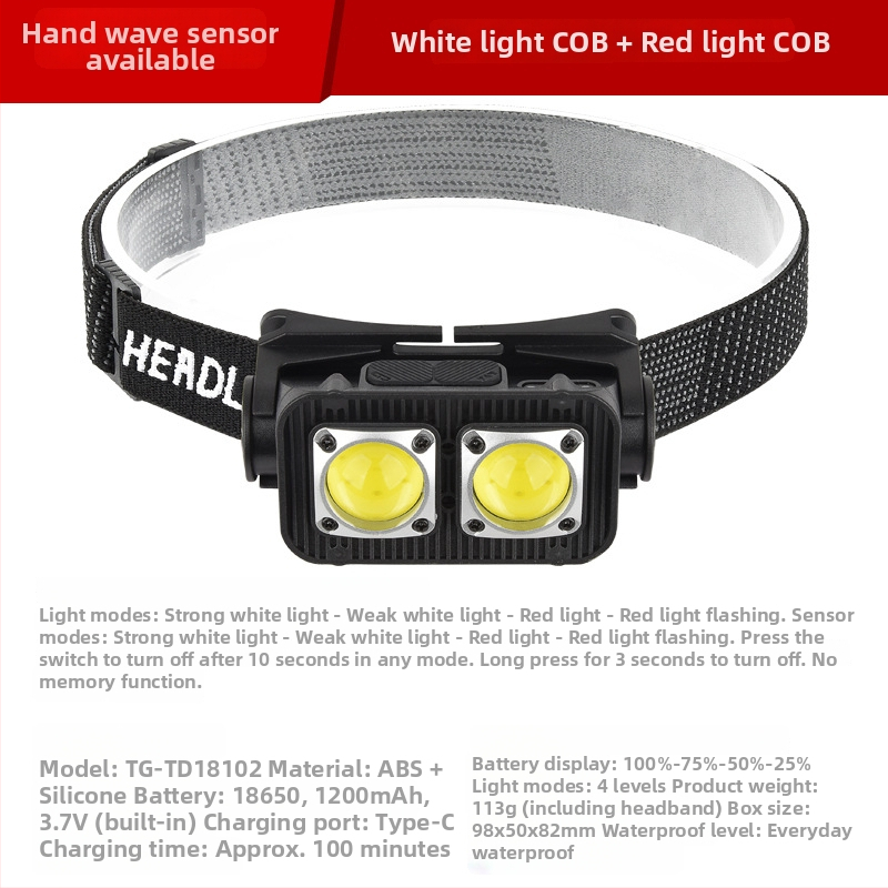LED galvos žibintas su USB įkrovimu, lauko atsparus vandeniui, 3W, 1200mAh, judesio jutiklis