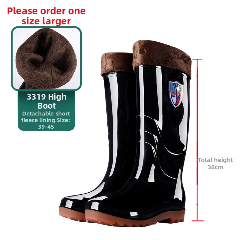 Vīriešu lietus zābaki, augsti, ūdensnecaurlaidīgi, neslīdoši, ar fleece iekšējo apdari, no plastmasas, ražoti ar injekcijas formēšanu.