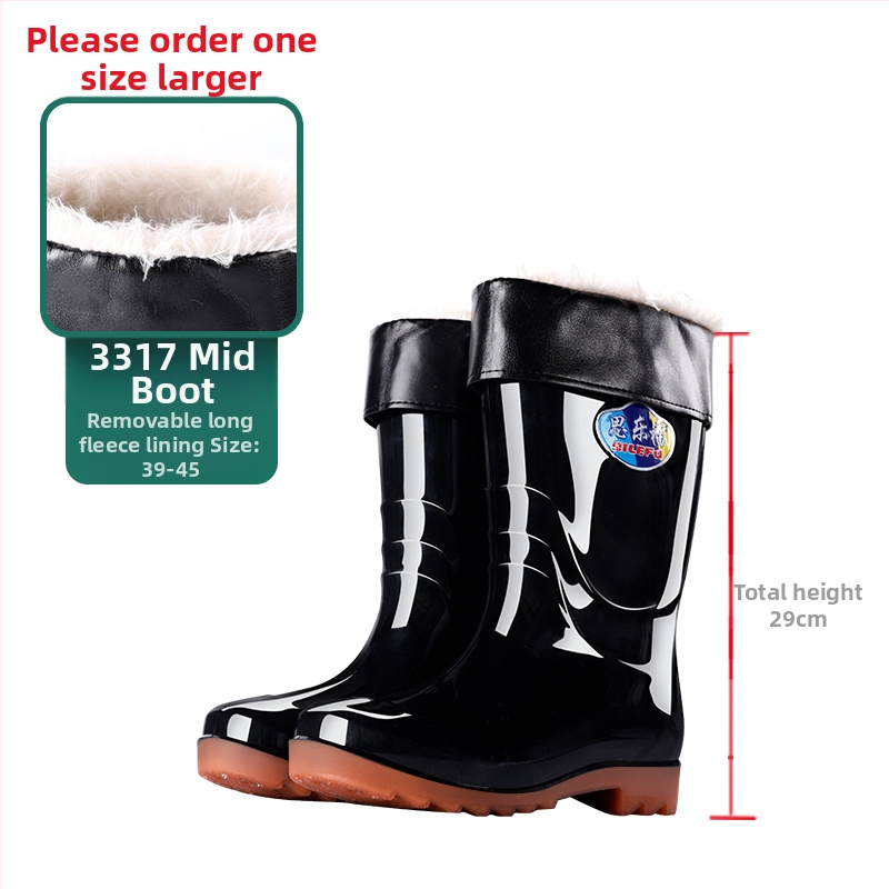 Vīriešu lietus zābaki, augsti, ūdensnecaurlaidīgi, neslīdoši, ar fleece iekšējo apdari, no plastmasas, ražoti ar injekcijas formēšanu.