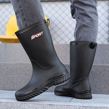 Vīriešu PVC lietuszābaki, augsts augšdaļā, pretslīdēšana, plastmasas zole, PU zolīte