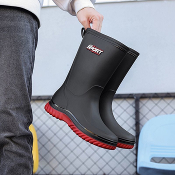 Vīriešu PVC lietuszābaki, augsts augšdaļā, pretslīdēšana, plastmasas zole, PU zolīte