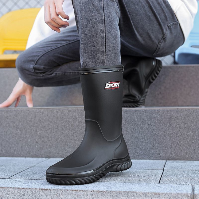 Vīriešu PVC lietuszābaki, augsts augšdaļā, pretslīdēšana, plastmasas zole, PU zolīte