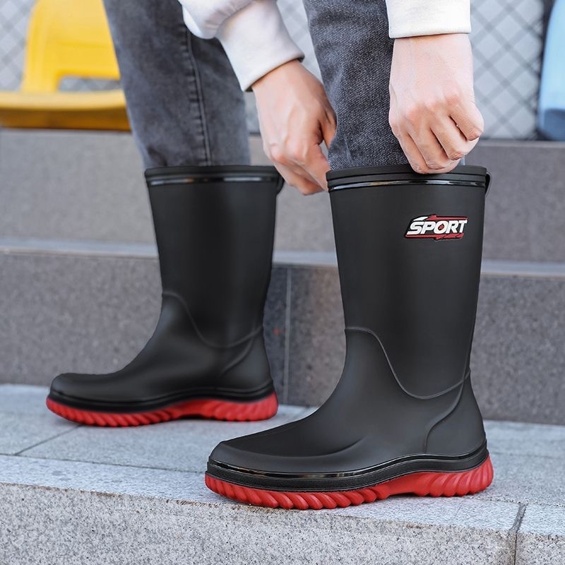 Vīriešu PVC lietuszābaki, augsts augšdaļā, pretslīdēšana, plastmasas zole, PU zolīte