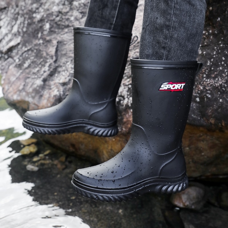 Vīriešu PVC lietuszābaki, augsts augšdaļā, pretslīdēšana, plastmasas zole, PU zolīte