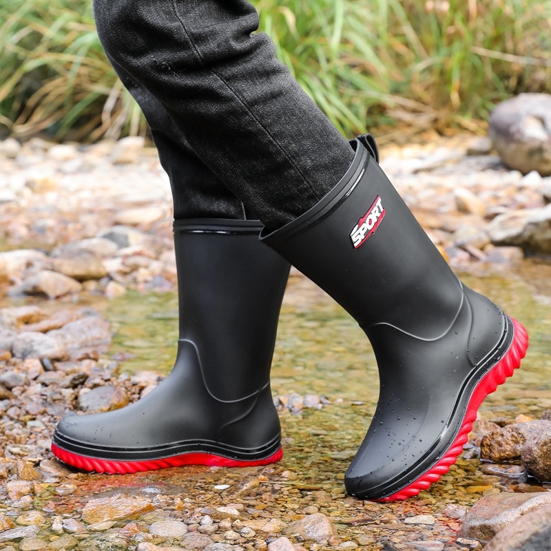Vīriešu PVC lietuszābaki, augsts augšdaļā, pretslīdēšana, plastmasas zole, PU zolīte