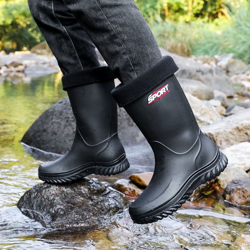 Vīriešu PVC lietuszābaki, augsts augšdaļā, pretslīdēšana, plastmasas zole, PU zolīte