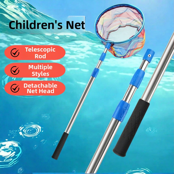 Bērnu teleskopiskais zvejas tīkls ar kātu, nerūsējošā tērauda, tīkla diametrs 25 cm, tīkla dziļums 22 cm, smalks režģis, portatīvs komplekts ar tīkla somu