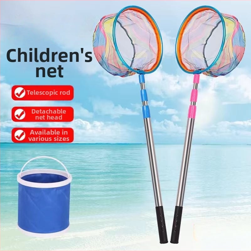 Bērnu teleskopiskais zvejas tīkls ar kātu, nerūsējošā tērauda, tīkla diametrs 25 cm, tīkla dziļums 22 cm, smalks režģis, portatīvs komplekts ar tīkla somu