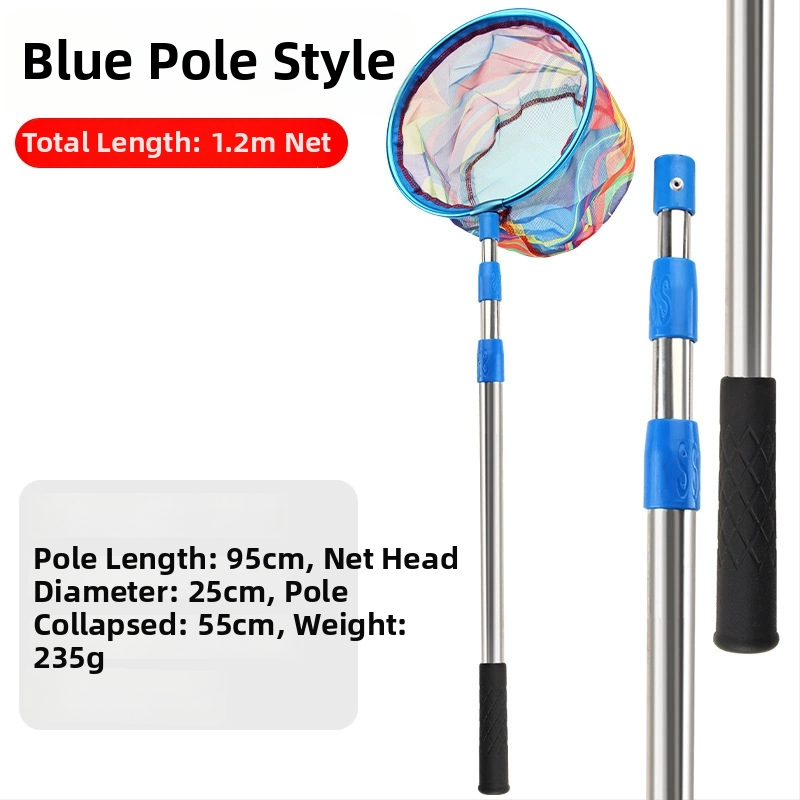 Bērnu teleskopiskais zvejas tīkls ar kātu, nerūsējošā tērauda, tīkla diametrs 25 cm, tīkla dziļums 22 cm, smalks režģis, portatīvs komplekts ar tīkla somu