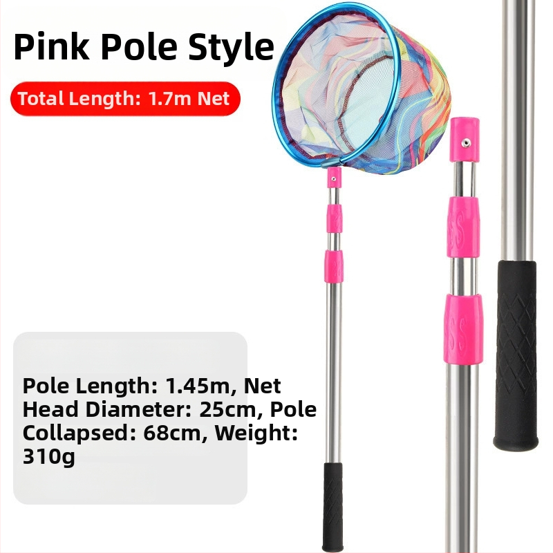 Bērnu teleskopiskais zvejas tīkls ar kātu, nerūsējošā tērauda, tīkla diametrs 25 cm, tīkla dziļums 22 cm, smalks režģis, portatīvs komplekts ar tīkla somu