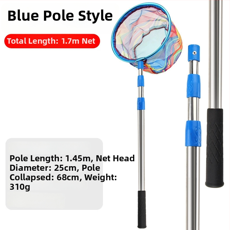 Bērnu teleskopiskais zvejas tīkls ar kātu, nerūsējošā tērauda, tīkla diametrs 25 cm, tīkla dziļums 22 cm, smalks režģis, portatīvs komplekts ar tīkla somu