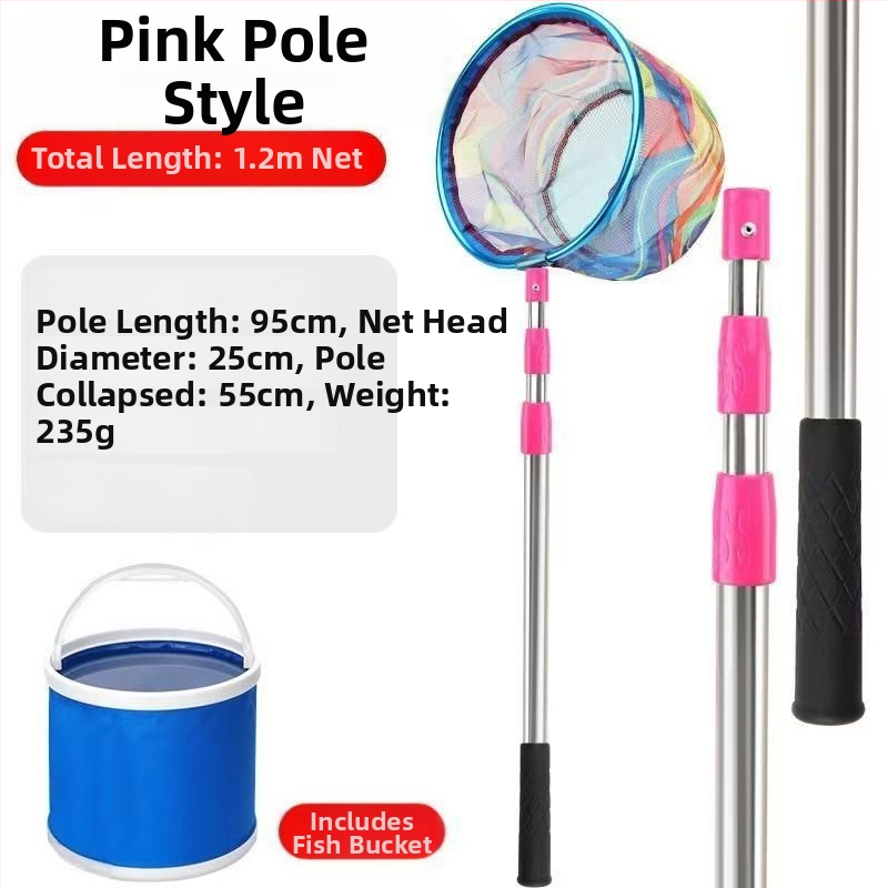 Bērnu teleskopiskais zvejas tīkls ar kātu, nerūsējošā tērauda, tīkla diametrs 25 cm, tīkla dziļums 22 cm, smalks režģis, portatīvs komplekts ar tīkla somu