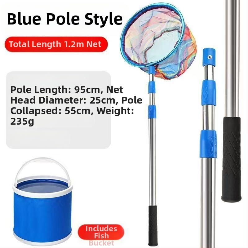 Bērnu teleskopiskais zvejas tīkls ar kātu, nerūsējošā tērauda, tīkla diametrs 25 cm, tīkla dziļums 22 cm, smalks režģis, portatīvs komplekts ar tīkla somu