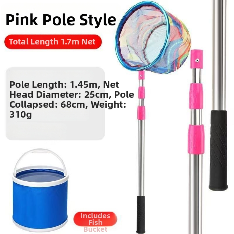 Bērnu teleskopiskais zvejas tīkls ar kātu, nerūsējošā tērauda, tīkla diametrs 25 cm, tīkla dziļums 22 cm, smalks režģis, portatīvs komplekts ar tīkla somu