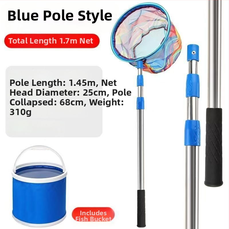 Bērnu teleskopiskais zvejas tīkls ar kātu, nerūsējošā tērauda, tīkla diametrs 25 cm, tīkla dziļums 22 cm, smalks režģis, portatīvs komplekts ar tīkla somu