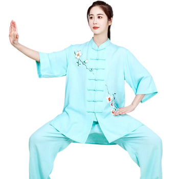Ženski Tai Chi nastup odjeće, jednobojna pamukasta tkanina s poliesterom podstavom; sadržaj pamuka do 30%, podstava 71–80%; pogodno za širok spektar sportova.