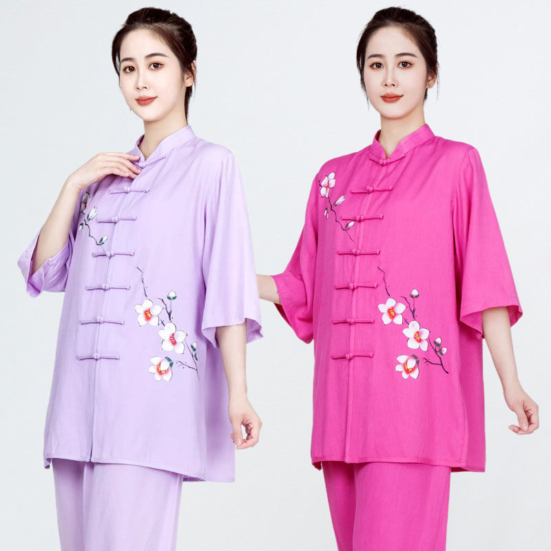 Ženski Tai Chi nastup odjeće, jednobojna pamukasta tkanina s poliesterom podstavom; sadržaj pamuka do 30%, podstava 71–80%; pogodno za širok spektar sportova.