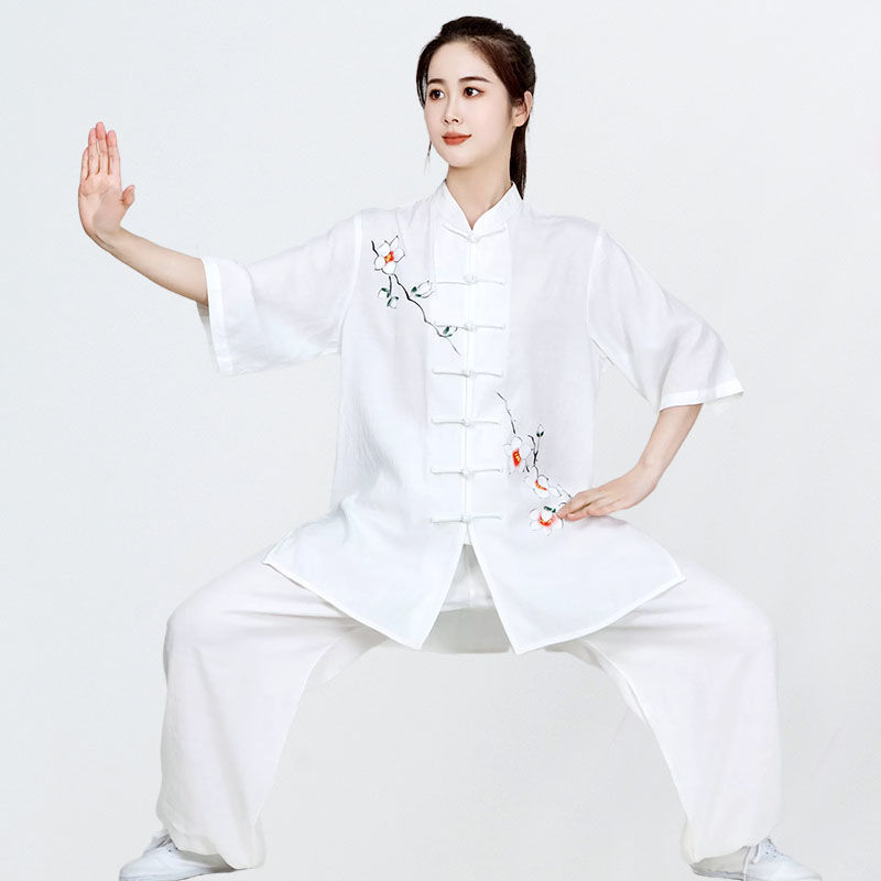 Ženski Tai Chi nastup odjeće, jednobojna pamukasta tkanina s poliesterom podstavom; sadržaj pamuka do 30%, podstava 71–80%; pogodno za širok spektar sportova.