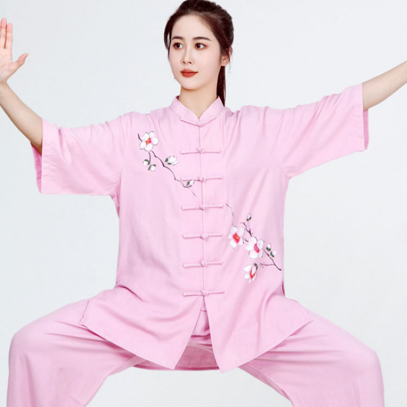 Ženski Tai Chi nastup odjeće, jednobojna pamukasta tkanina s poliesterom podstavom; sadržaj pamuka do 30%, podstava 71–80%; pogodno za širok spektar sportova.