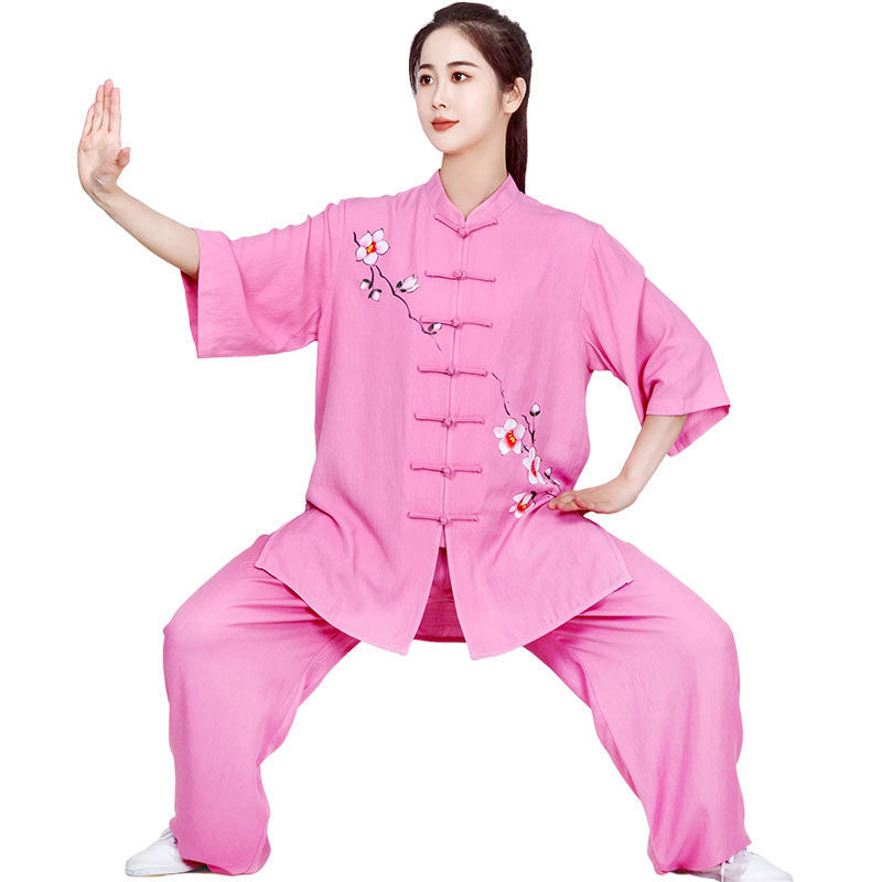 Ženski Tai Chi nastup odjeće, jednobojna pamukasta tkanina s poliesterom podstavom; sadržaj pamuka do 30%, podstava 71–80%; pogodno za širok spektar sportova.