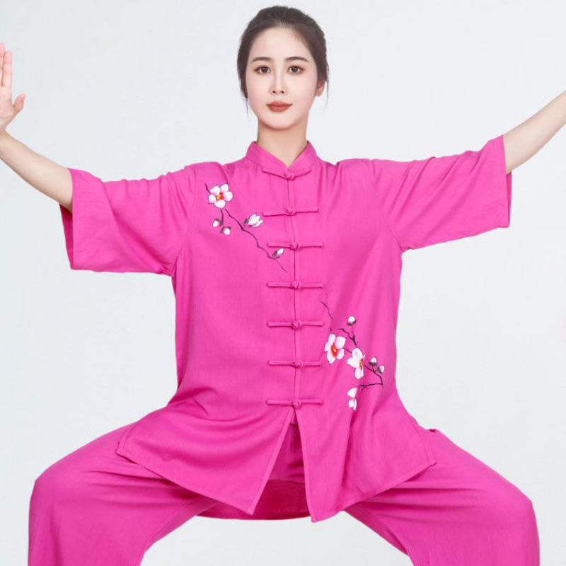 Ženski Tai Chi nastup odjeće, jednobojna pamukasta tkanina s poliesterom podstavom; sadržaj pamuka do 30%, podstava 71–80%; pogodno za širok spektar sportova.