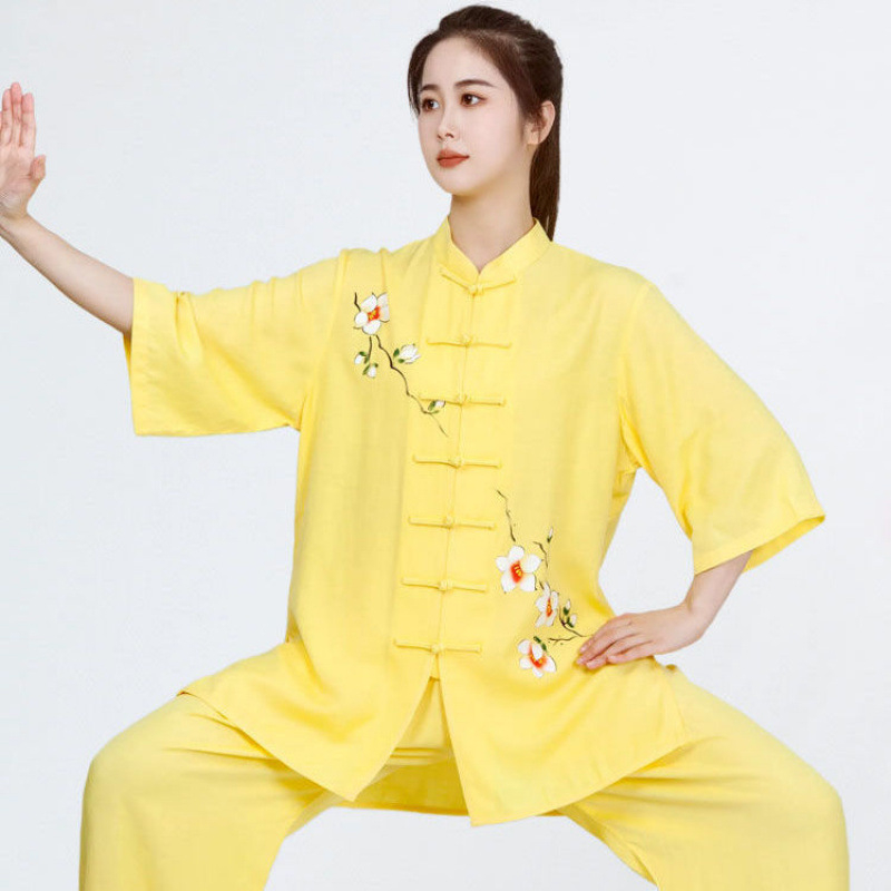 Ženski Tai Chi nastup odjeće, jednobojna pamukasta tkanina s poliesterom podstavom; sadržaj pamuka do 30%, podstava 71–80%; pogodno za širok spektar sportova.