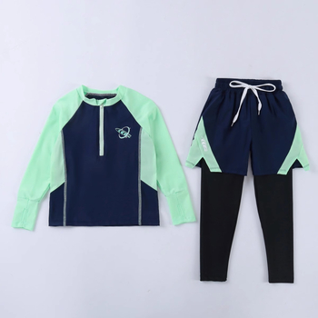 Berniukų dviejų dalių plaukimo komplektas su ilgomis rankovėmis ir ilgomis kelnių, saulės apsauga — poliesterio audinys 85%, poliesterio pamušalas 85%, svoris 150–300 g/m², plaukimui