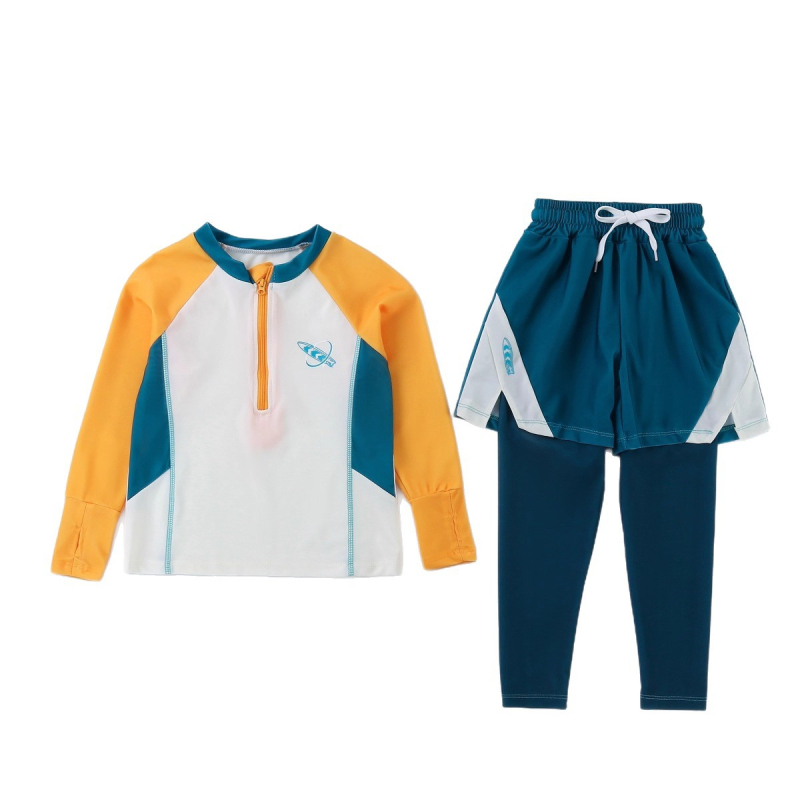 Berniukų dviejų dalių plaukimo komplektas su ilgomis rankovėmis ir ilgomis kelnių, saulės apsauga — poliesterio audinys 85%, poliesterio pamušalas 85%, svoris 150–300 g/m², plaukimui