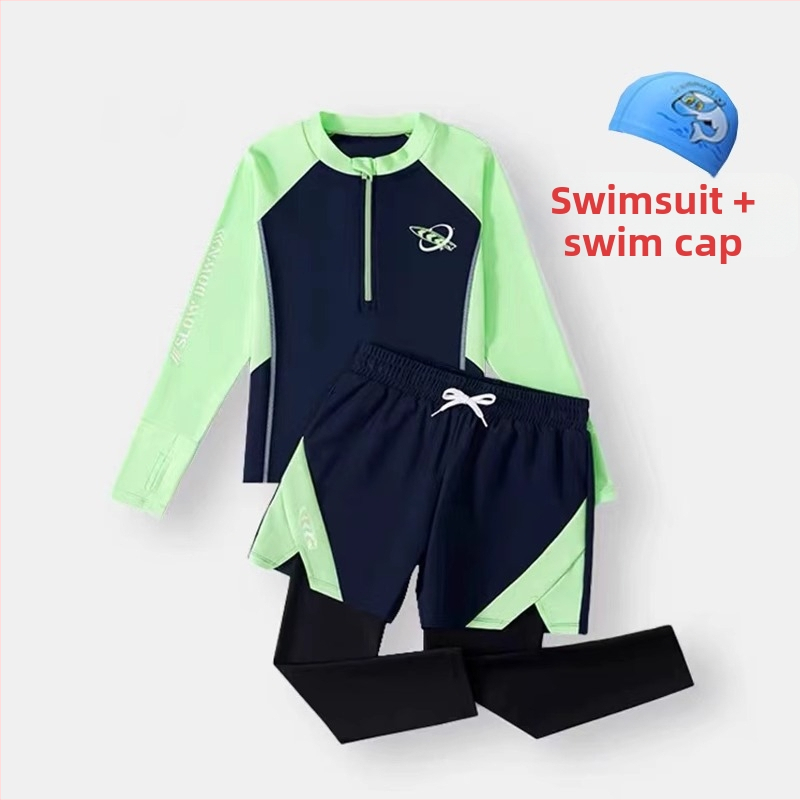 Berniukų dviejų dalių plaukimo komplektas su ilgomis rankovėmis ir ilgomis kelnių, saulės apsauga — poliesterio audinys 85%, poliesterio pamušalas 85%, svoris 150–300 g/m², plaukimui