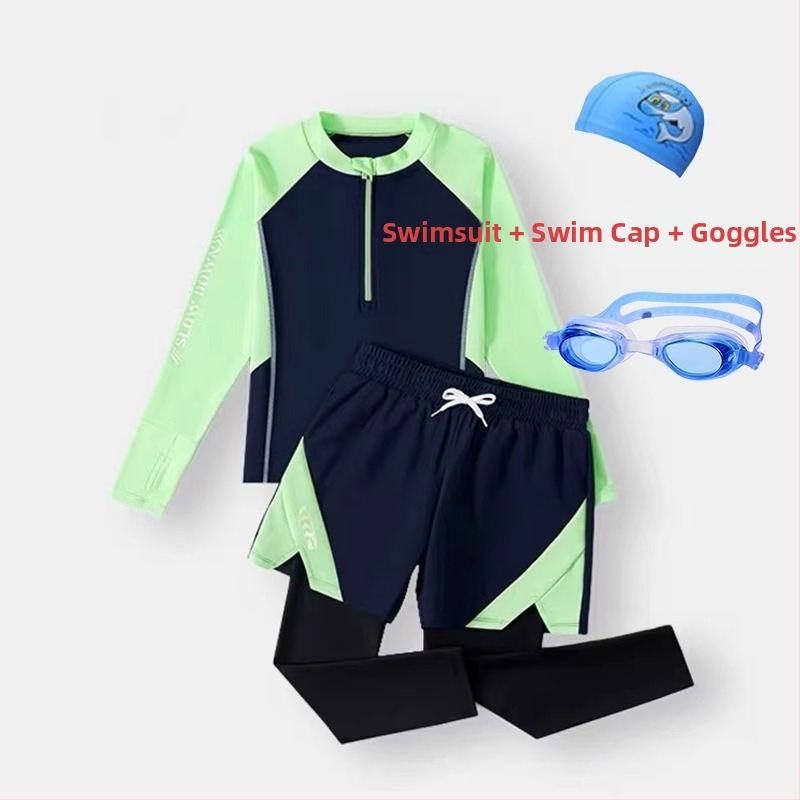 Berniukų dviejų dalių plaukimo komplektas su ilgomis rankovėmis ir ilgomis kelnių, saulės apsauga — poliesterio audinys 85%, poliesterio pamušalas 85%, svoris 150–300 g/m², plaukimui