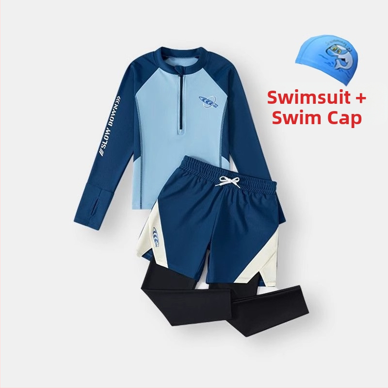 Berniukų dviejų dalių plaukimo komplektas su ilgomis rankovėmis ir ilgomis kelnių, saulės apsauga — poliesterio audinys 85%, poliesterio pamušalas 85%, svoris 150–300 g/m², plaukimui