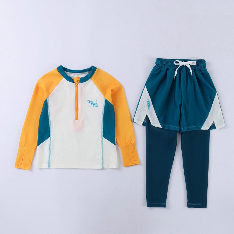 Berniukų dviejų dalių plaukimo komplektas su ilgomis rankovėmis ir ilgomis kelnių, saulės apsauga — poliesterio audinys 85%, poliesterio pamušalas 85%, svoris 150–300 g/m², plaukimui