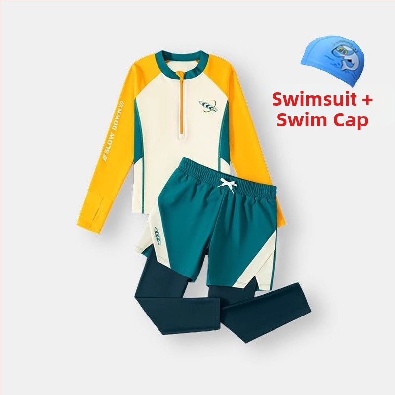 Berniukų dviejų dalių plaukimo komplektas su ilgomis rankovėmis ir ilgomis kelnių, saulės apsauga — poliesterio audinys 85%, poliesterio pamušalas 85%, svoris 150–300 g/m², plaukimui