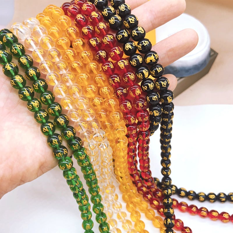 Pozlaćene perle sa šest znakova mantre za DIY nakit, laserski gravirane staklene perle, imitacija crnog ahata, okrugle perle, 10 cm niza
