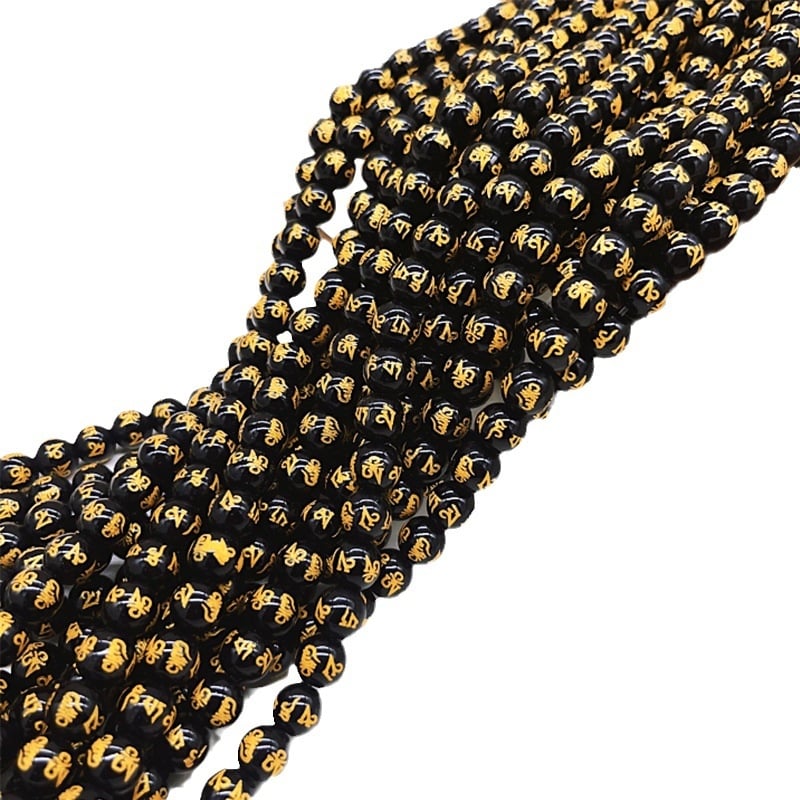 Pozlaćene perle sa šest znakova mantre za DIY nakit, laserski gravirane staklene perle, imitacija crnog ahata, okrugle perle, 10 cm niza