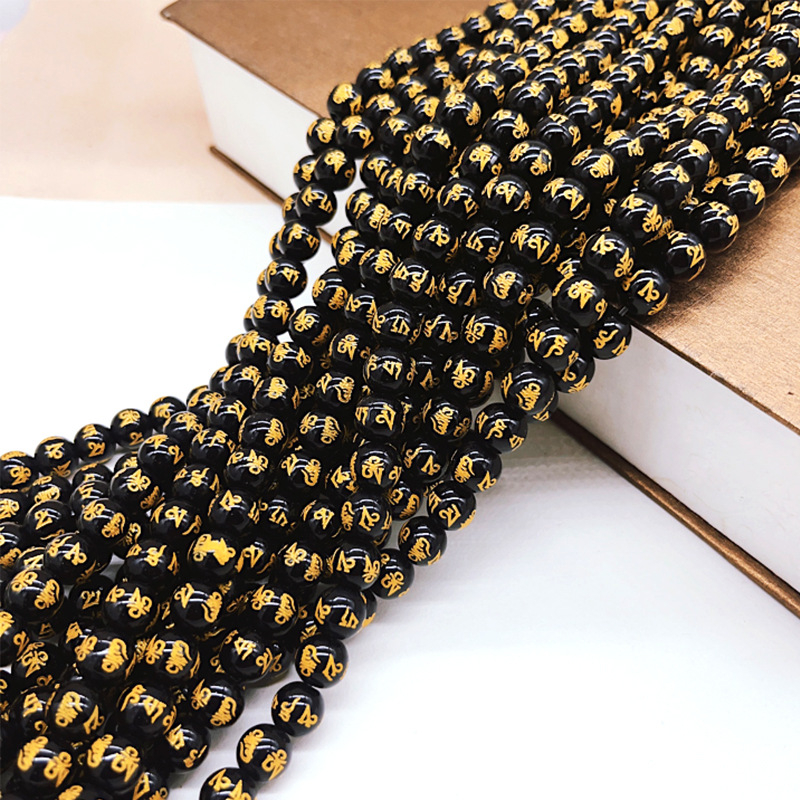 Pozlaćene perle sa šest znakova mantre za DIY nakit, laserski gravirane staklene perle, imitacija crnog ahata, okrugle perle, 10 cm niza