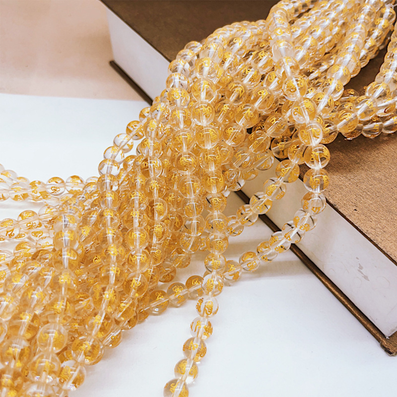 Pozlaćene perle sa šest znakova mantre za DIY nakit, laserski gravirane staklene perle, imitacija crnog ahata, okrugle perle, 10 cm niza