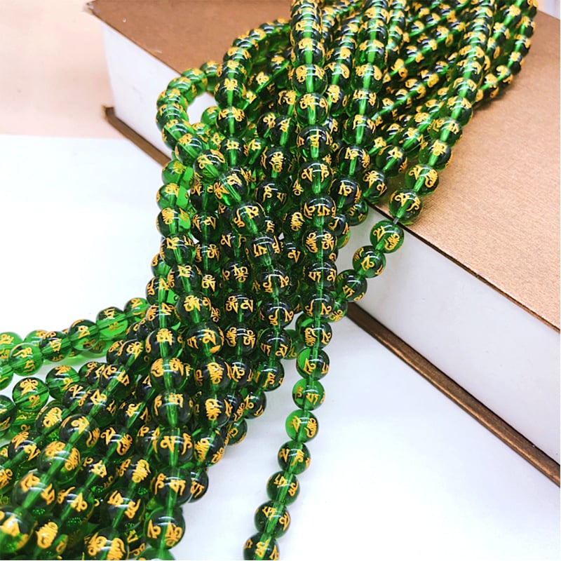 Pozlaćene perle sa šest znakova mantre za DIY nakit, laserski gravirane staklene perle, imitacija crnog ahata, okrugle perle, 10 cm niza