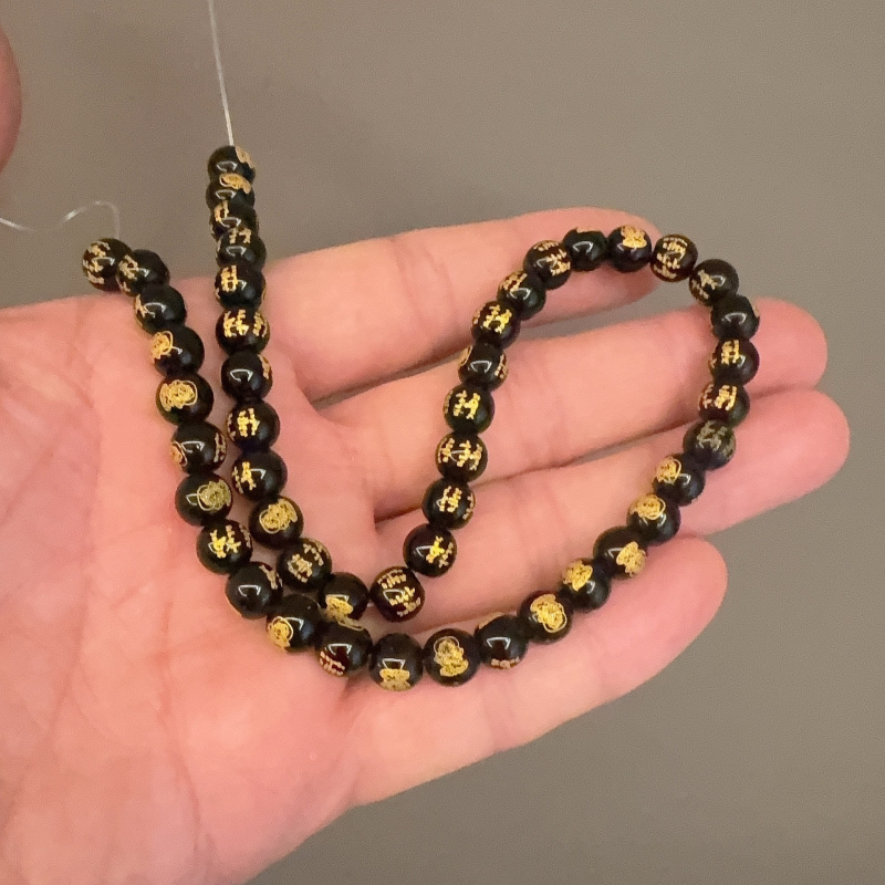 Pozlaćene perle sa šest znakova mantre za DIY nakit, laserski gravirane staklene perle, imitacija crnog ahata, okrugle perle, 10 cm niza