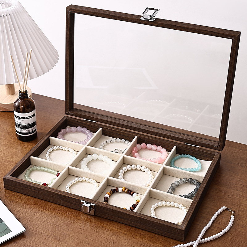 Medinė juvelyrinių dirbinių dėžutė su dangčiu — dulkėms ir drėgmei atspari, stalinis dizainas, vieno aukšto, skirta juvelyrikai