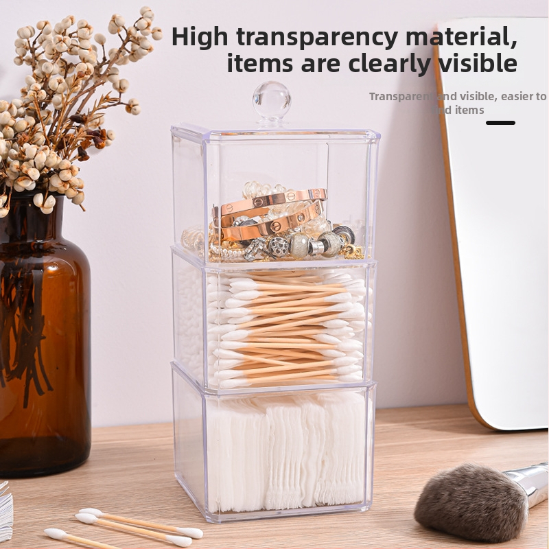 Kosmeetiliste vatitikkude hoiukarp, ruudukujuline plastikust hoidik kaanega tolmukindel