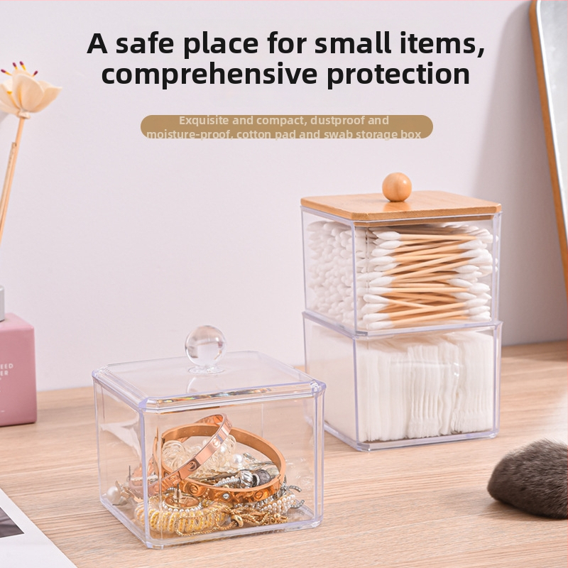 Kosmeetiliste vatitikkude hoiukarp, ruudukujuline plastikust hoidik kaanega tolmukindel